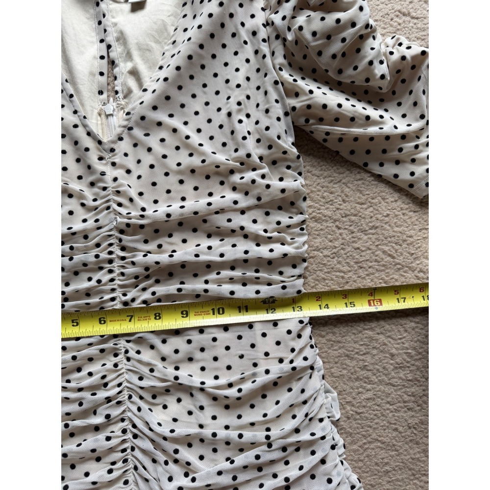 Maeve Anthropologie Polka Dot Ruched Mini Dress Puff Sleeve Cream Black Size M - Picture 7 of 7